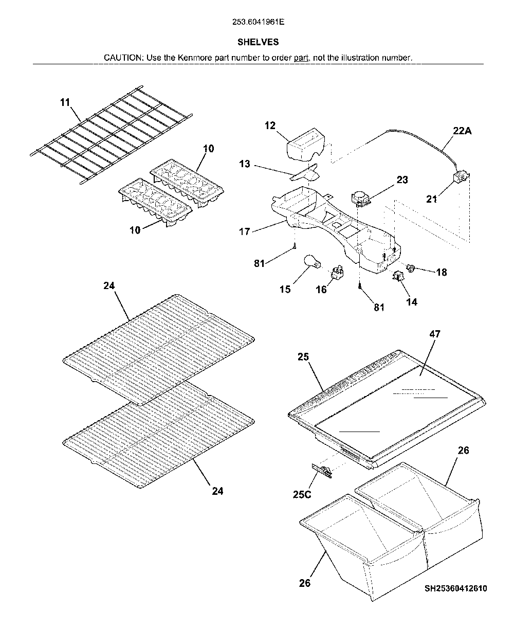 Shelves Diagram and Parts List for 2536041961E  Kenmore Refrigerator
