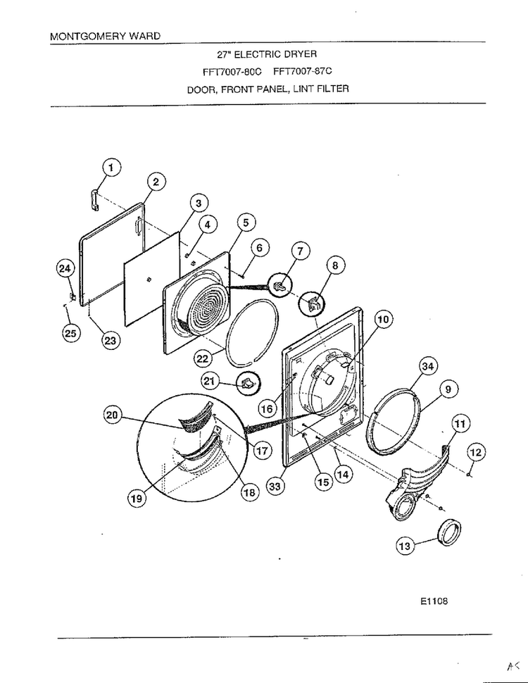 Door, Front Panel, Lint Filter Diagram and Parts List for 7007-80C  Frigidaire Dryer