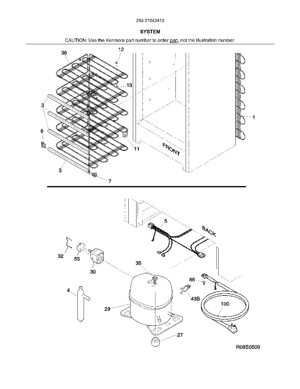 System Diagram and Parts List for 25321042413  Kenmore Freezer