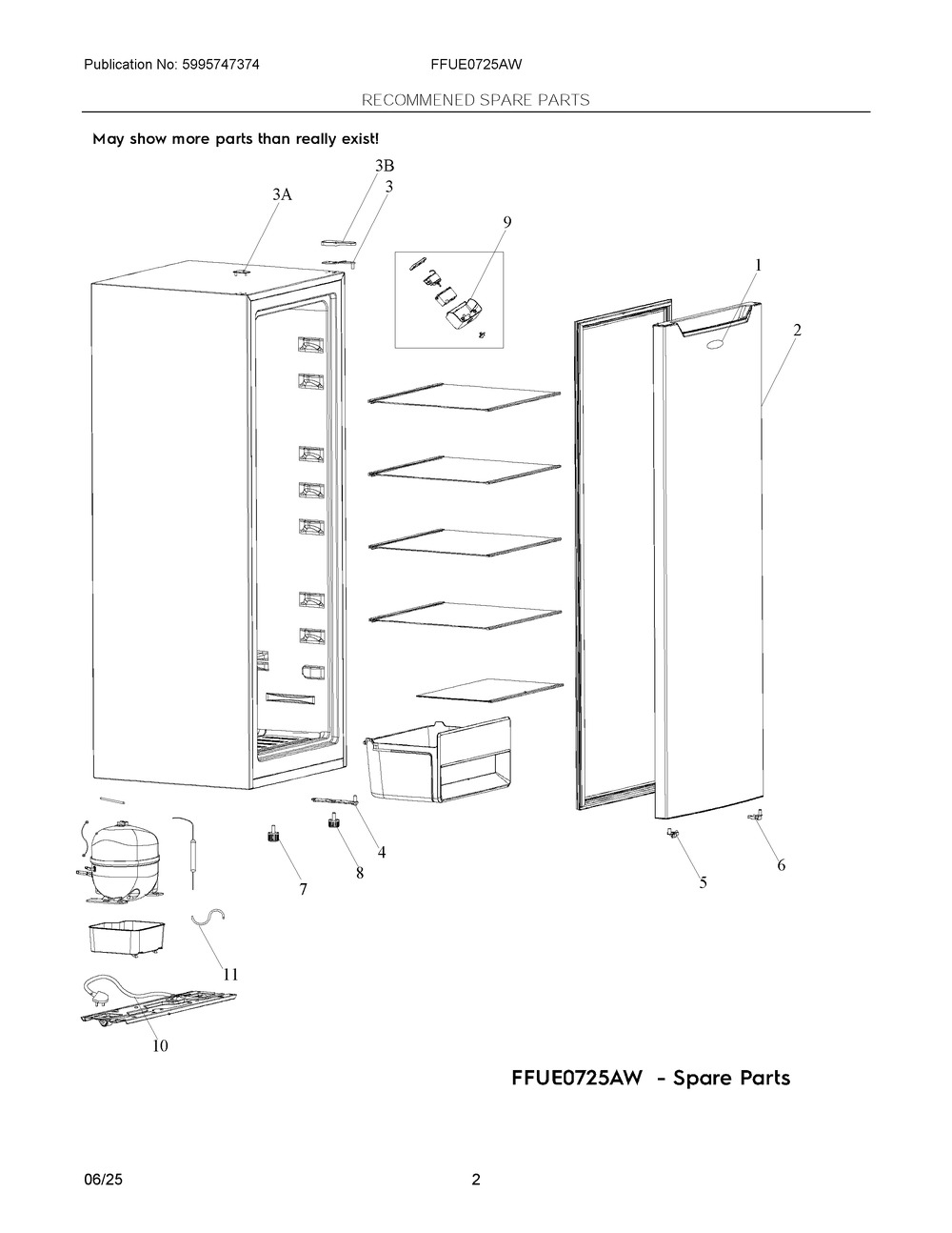 Recommened Spare Parts Diagram and Parts List for FFUE0725AW  Frigidaire Freezer