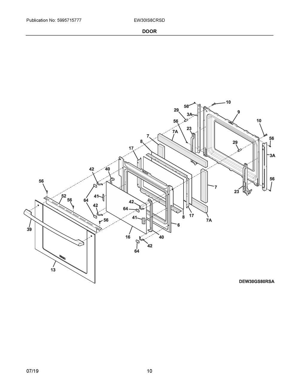 Door Diagram and Parts List for EW30IS8CRSD  Frigidaire Range