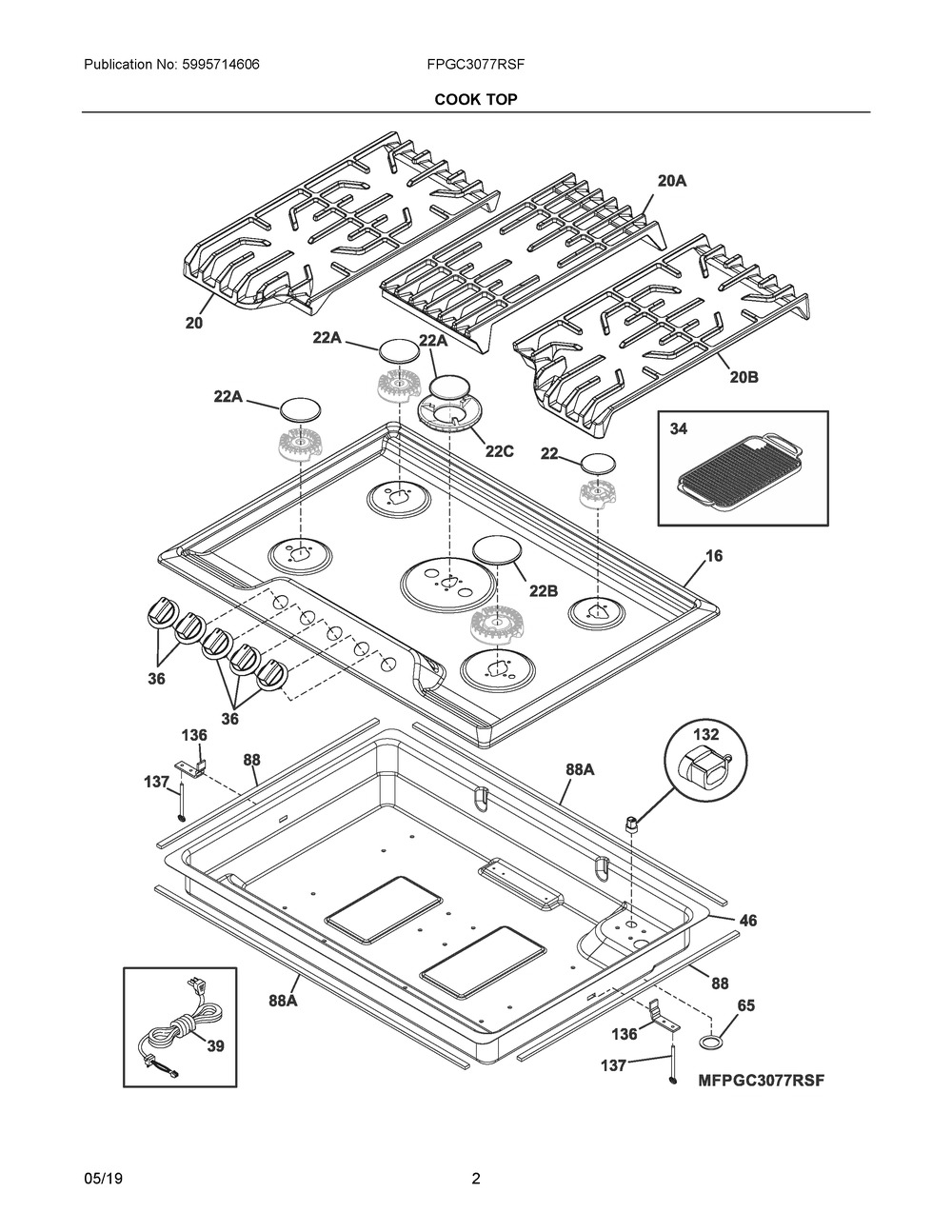 Cook Top Diagram and Parts List for FPGC3077RSF  Frigidaire Cooktop