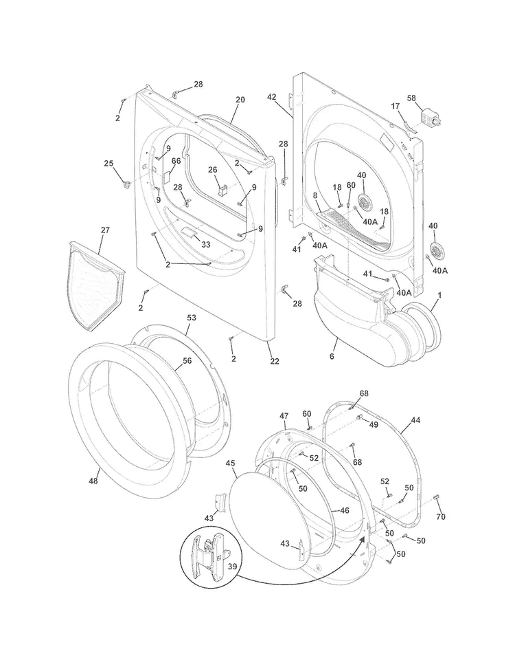 Front Panel/lint Filter Diagram and Parts List for FASE7021NW2  Frigidaire Dryer