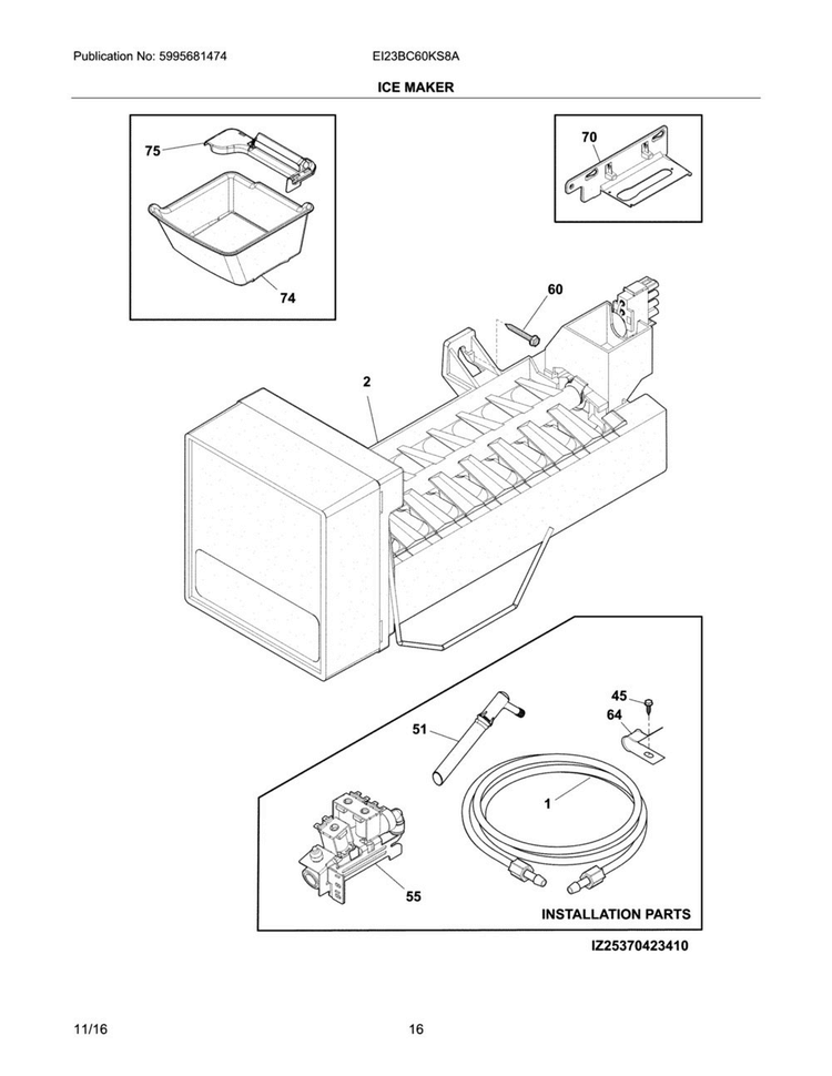 Ice Maker Diagram and Parts List for EI23BC60KS8A  Electrolux Refrigerator