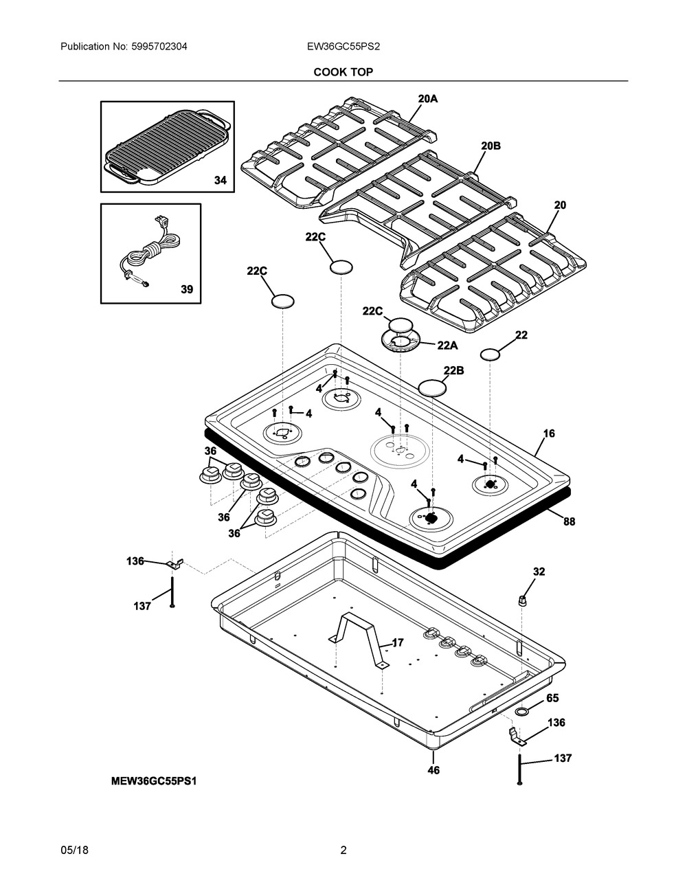 Cook Top Diagram and Parts List for EW36GC55PS2  Frigidaire Cooktop