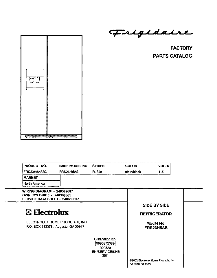 COVER Diagram and Parts List for FRS23H5ASB3  Frigidaire Refrigerator