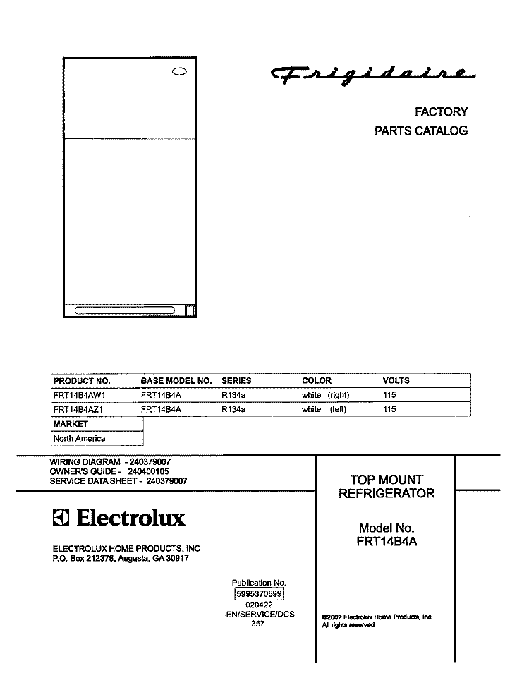 COVER Diagram and Parts List for FRT14B4AZ1  Frigidaire Refrigerator