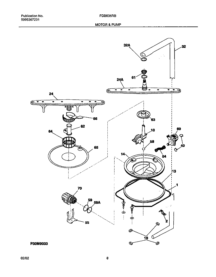 MOTOR & PUMP Diagram and Parts List for FDB635RBS0  Frigidaire Dishwasher