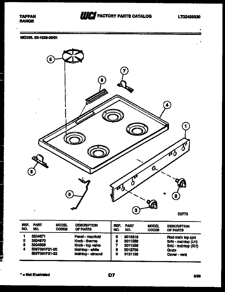 COOKTOP PARTS Diagram and Parts List for 32-1029-00-01  Tappan Range