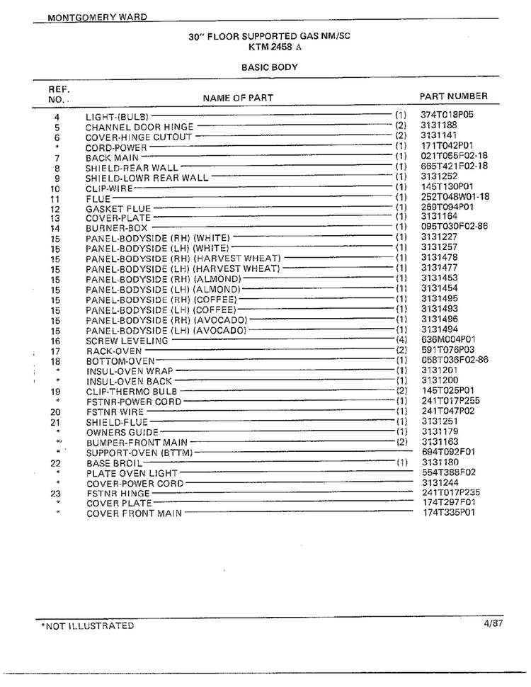 30" Floor/basic Body Page 2 Diagram and Parts List for 2458A  Frigidaire Range