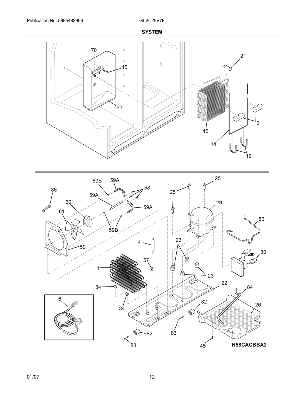 System Diagram and Parts List for GLVC25V7FW2  Frigidaire Refrigerator