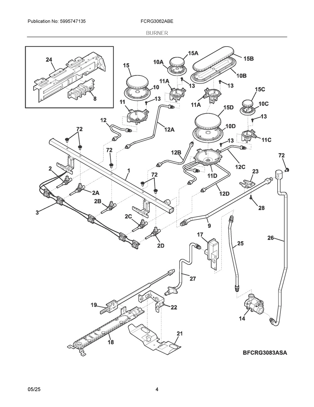 Burner Diagram and Parts List for FCRG3062ABE  Frigidaire Range
