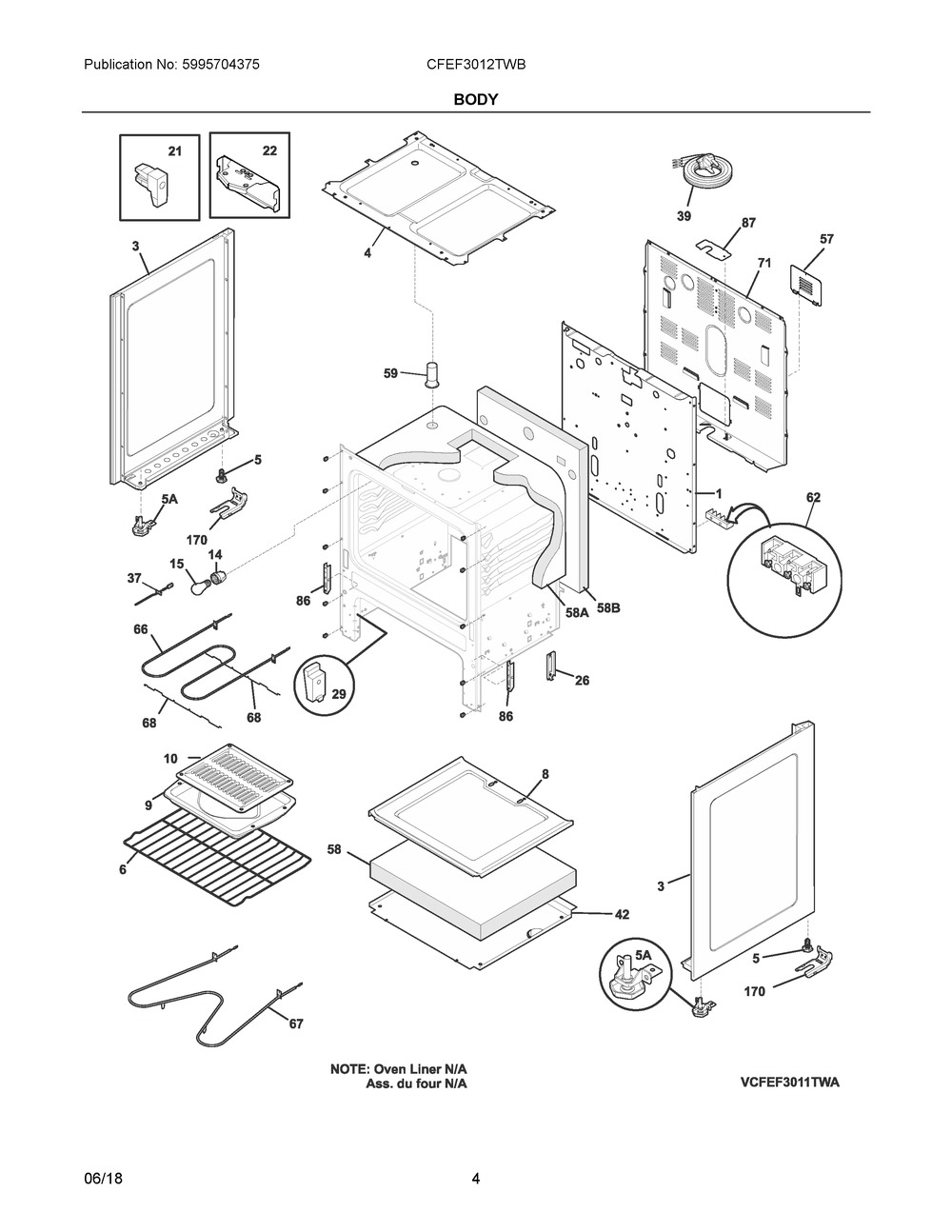Body Diagram and Parts List for CFEF3012TWB  Frigidaire Range
