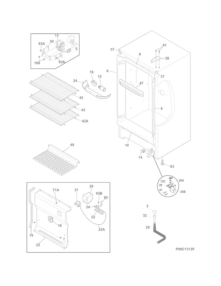 Cabinet Diagram and Parts List for FFFH20D1RWA  Frigidaire Freezer