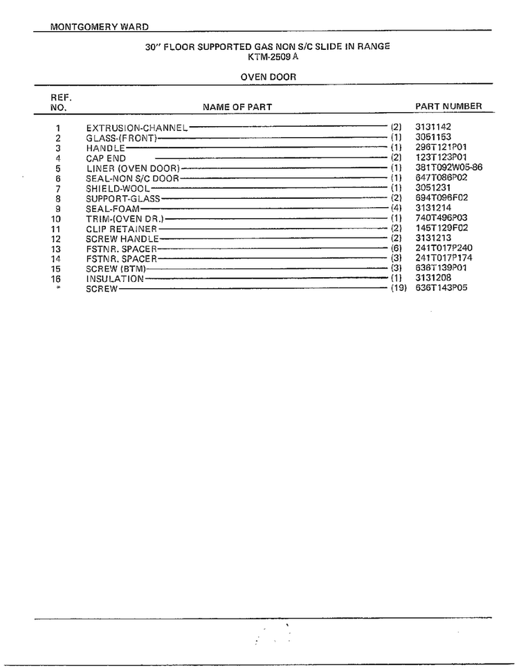 30" Floor Gas/oven Door Page 2 Diagram and Parts List for 2509A  Frigidaire Range
