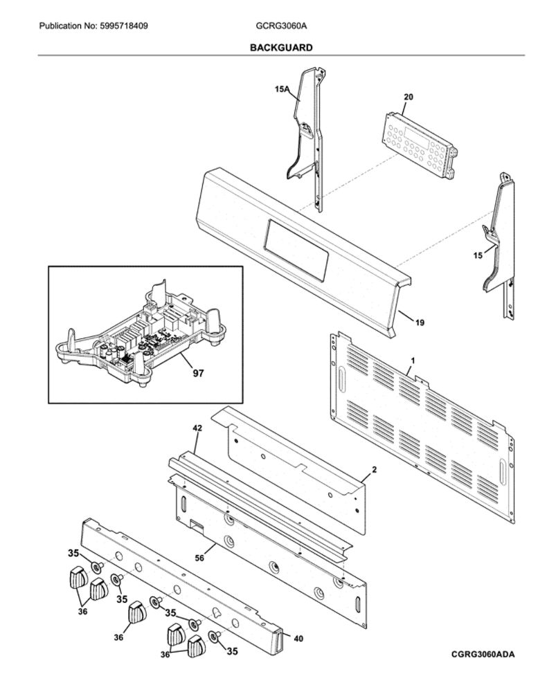 Backguard Diagram and Parts List for GCRG3060AFA  Frigidaire Range