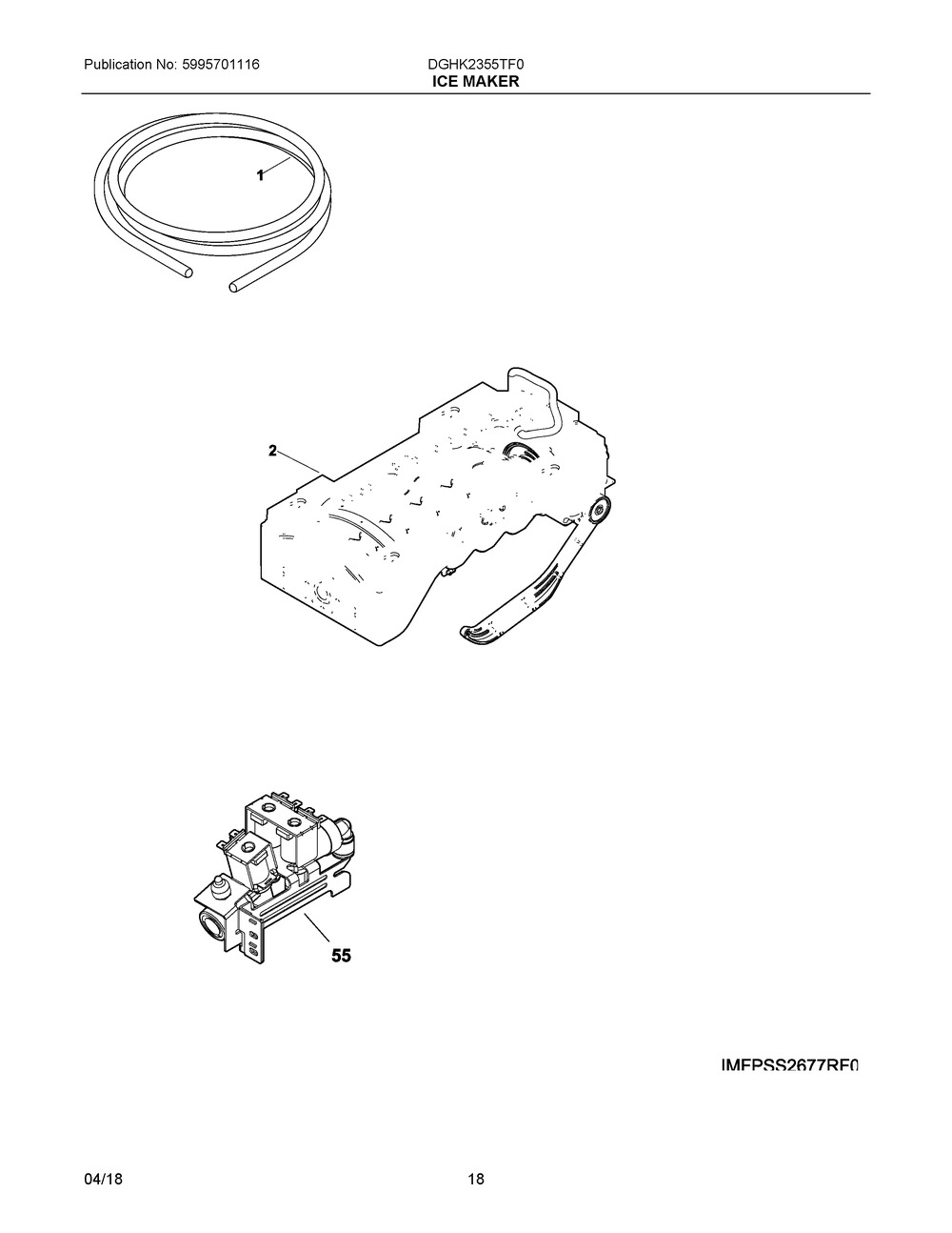 Ice Maker Diagram and Parts List for DGHK2355TF0  Frigidaire Refrigerator