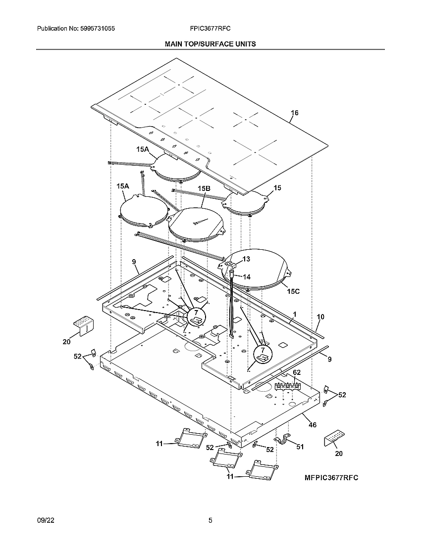 Maintop/Surface Units Diagram and Parts List for FPIC3677RFC  Frigidaire Cooktop