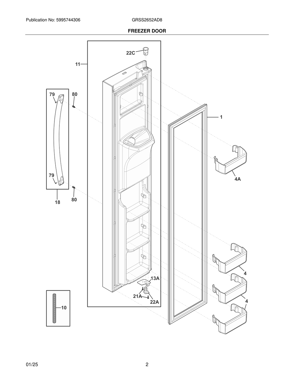 Freezer Door Diagram and Parts List for GRSS2652AD8  Frigidaire Refrigerator