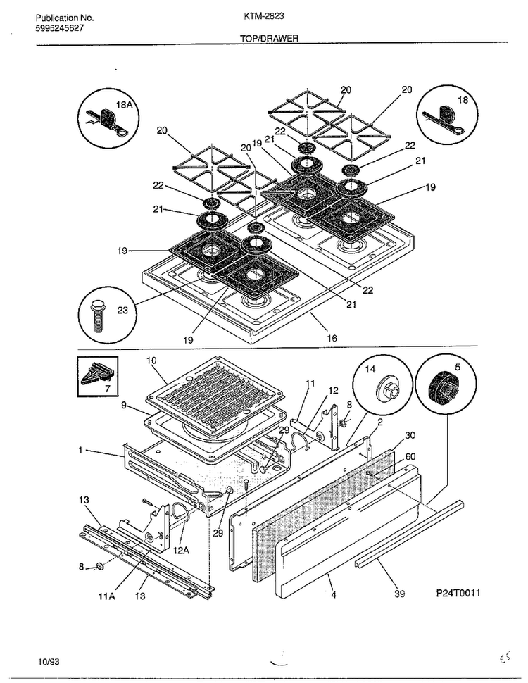 Top/drawer Diagram and Parts List for 2823  Frigidaire Range