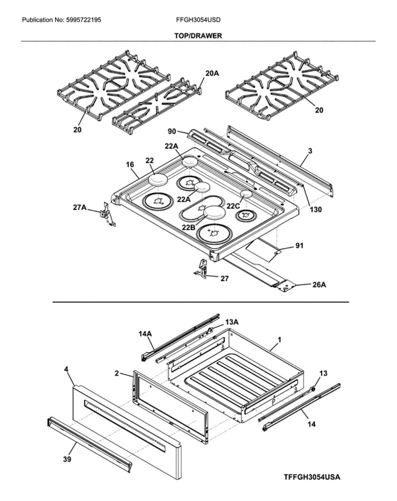 Top/Drawer Diagram and Parts List for FFGH3054USD  Frigidaire Range