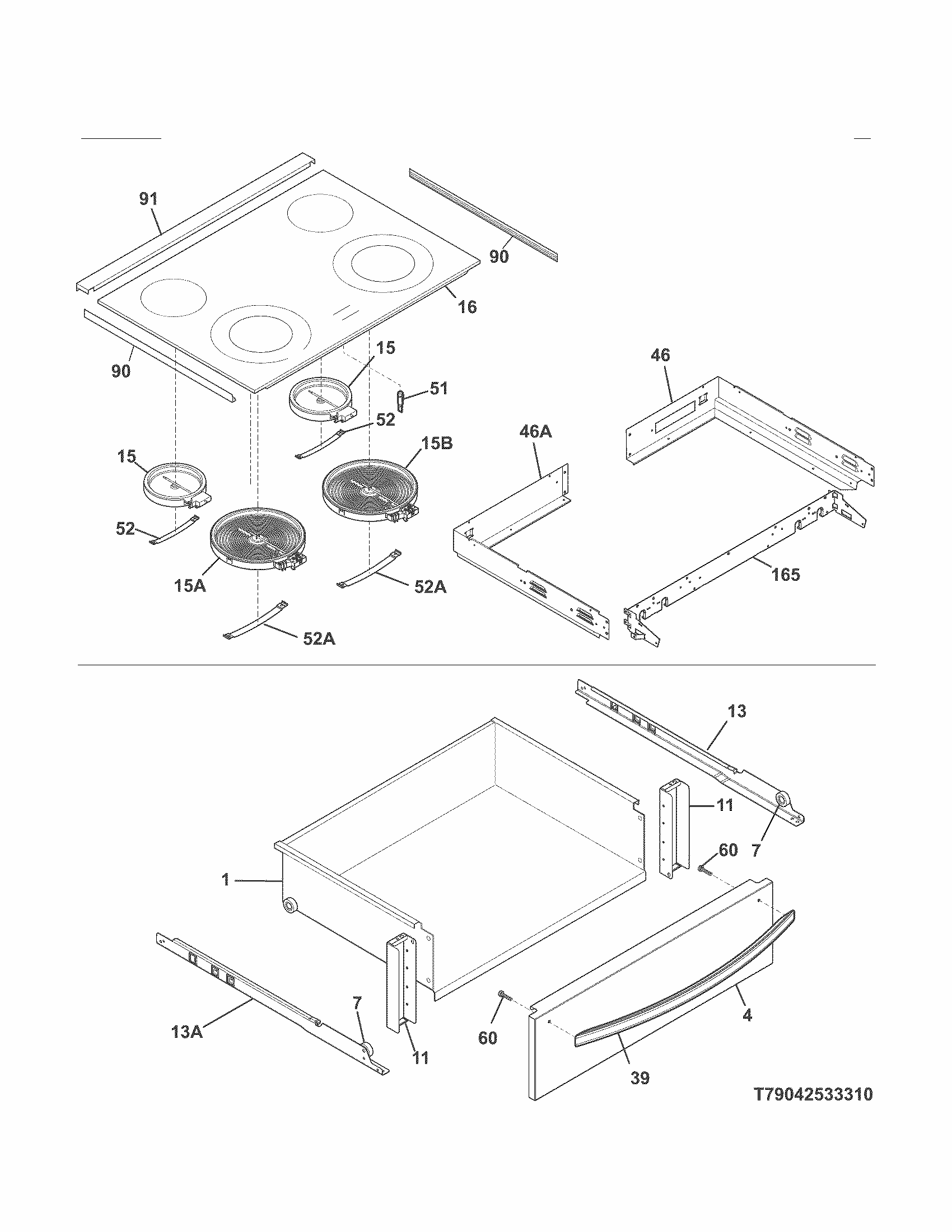 Top/drawer Diagram and Parts List for 79042533312  Kenmore Range