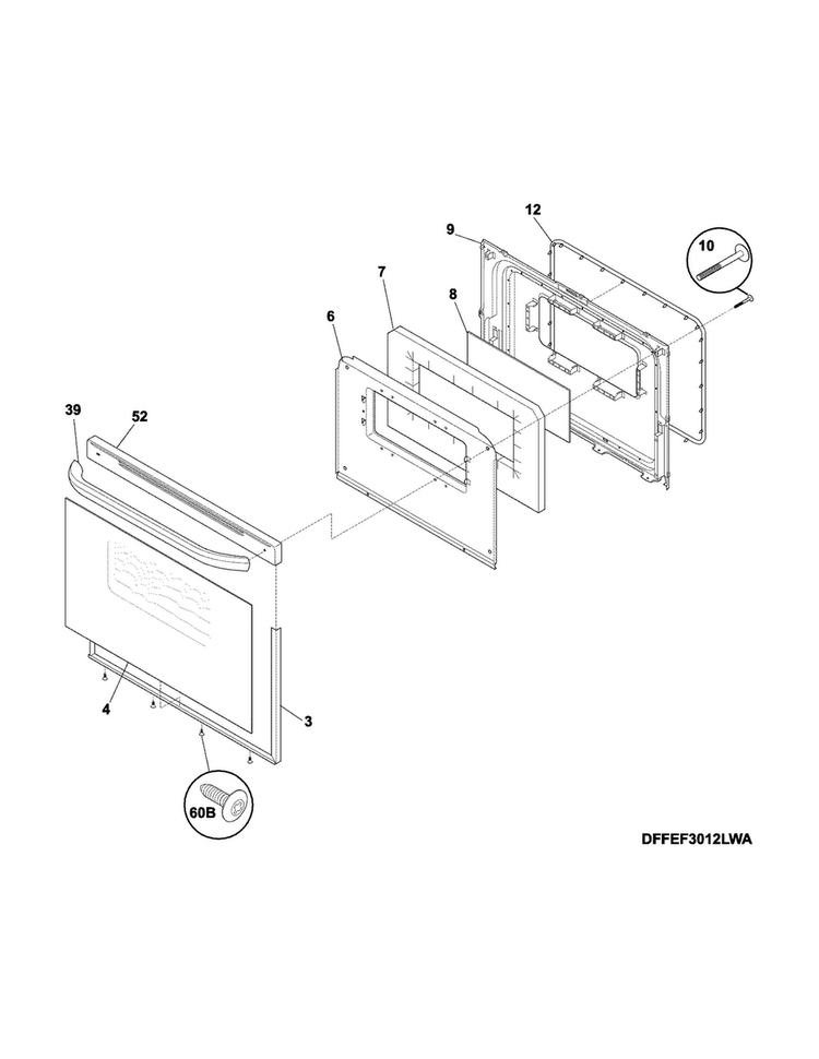 Door Diagram and Parts List for CFEF3012PWA  Frigidaire Range