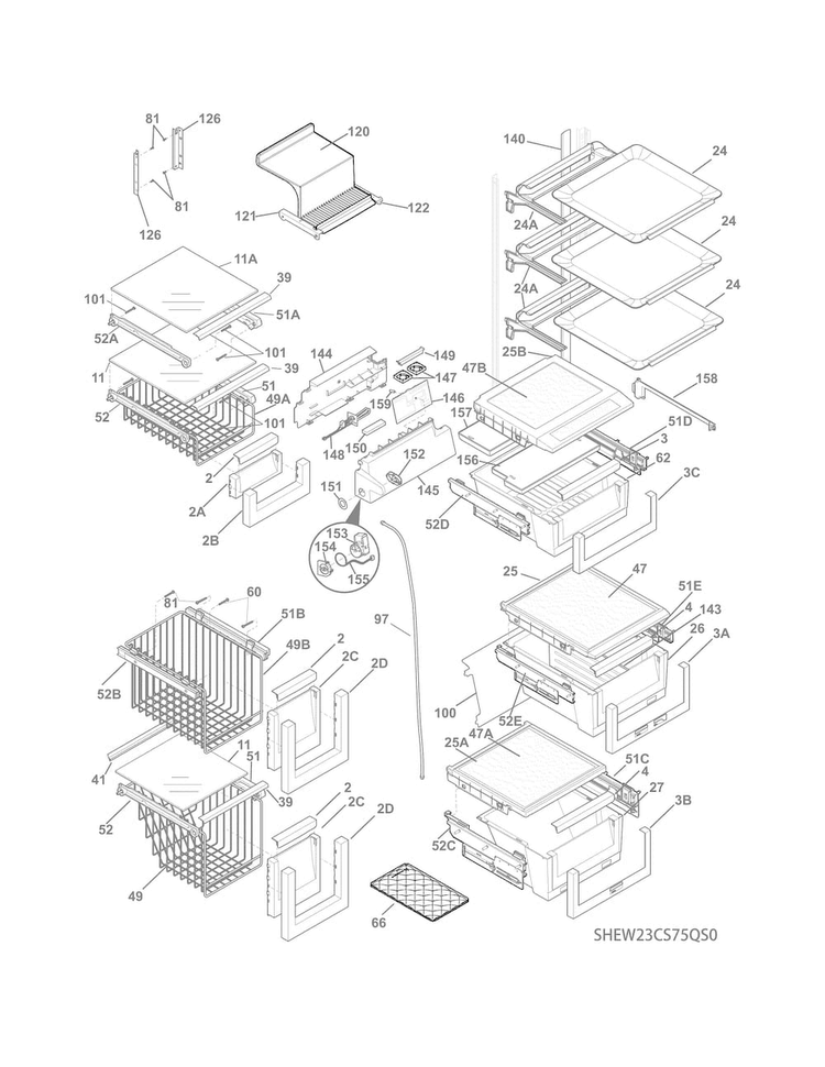 Shelves Diagram and Parts List for EW23CS75QS0  Electrolux Refrigerator