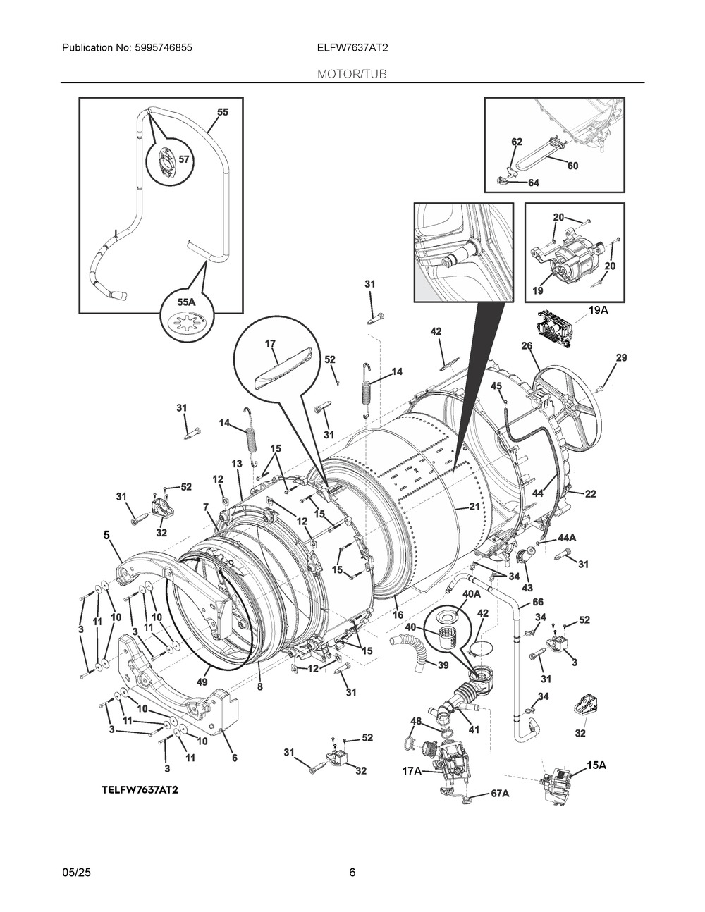 Motor/Tub Diagram and Parts List for ELFW7637AT2  Frigidaire Washer