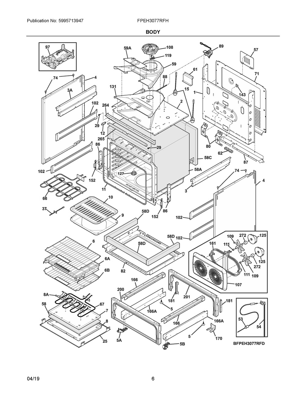 Body Diagram and Parts List for FPEH3077RFH  Frigidaire Range