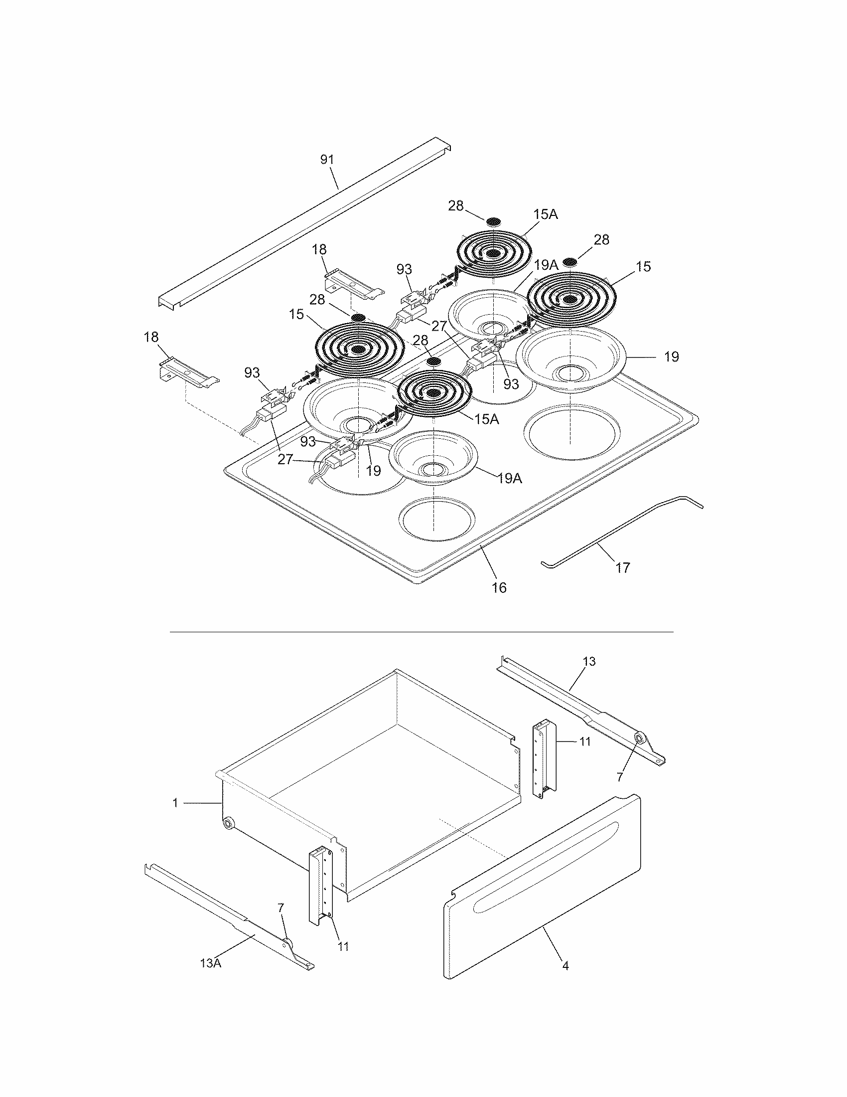 Top/drawer Diagram and Parts List for 79046762904  Kenmore Range