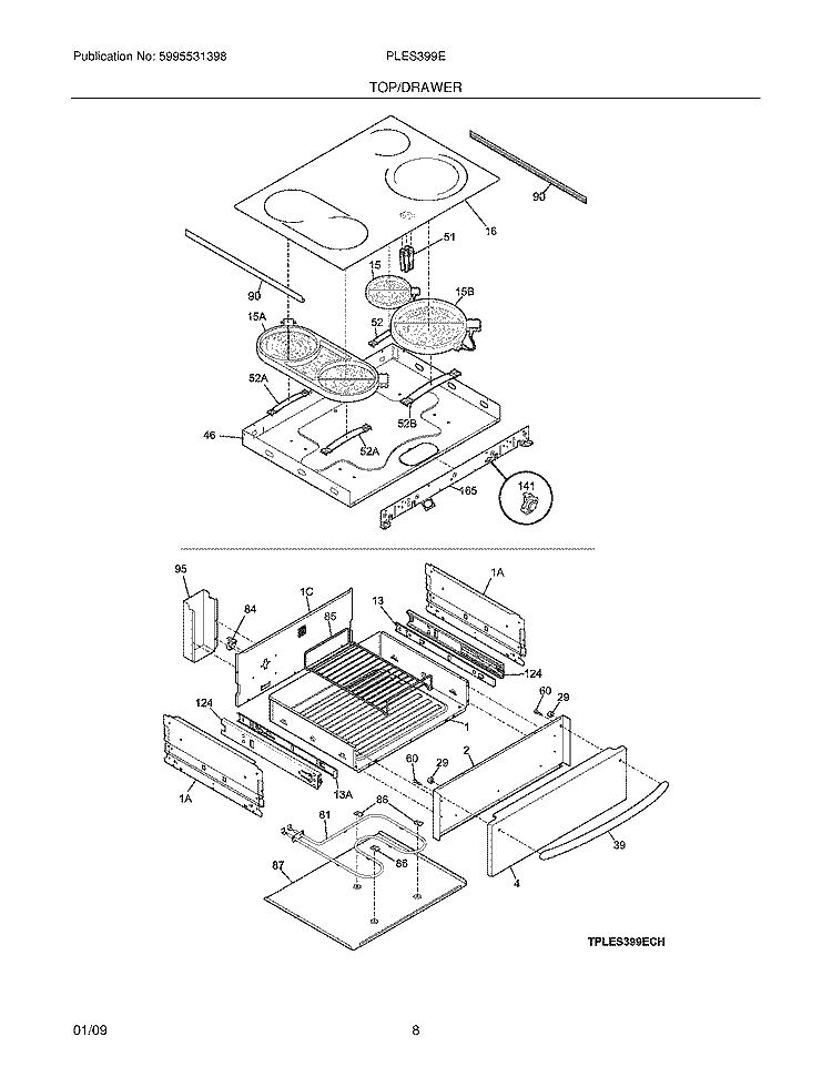 TOP/DRAWER Diagram and Parts List for PLES399ECH  Frigidaire Range