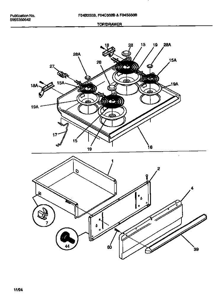 TOP / DRAWER Diagram and Parts List for F04C352BTA  Frigidaire Range
