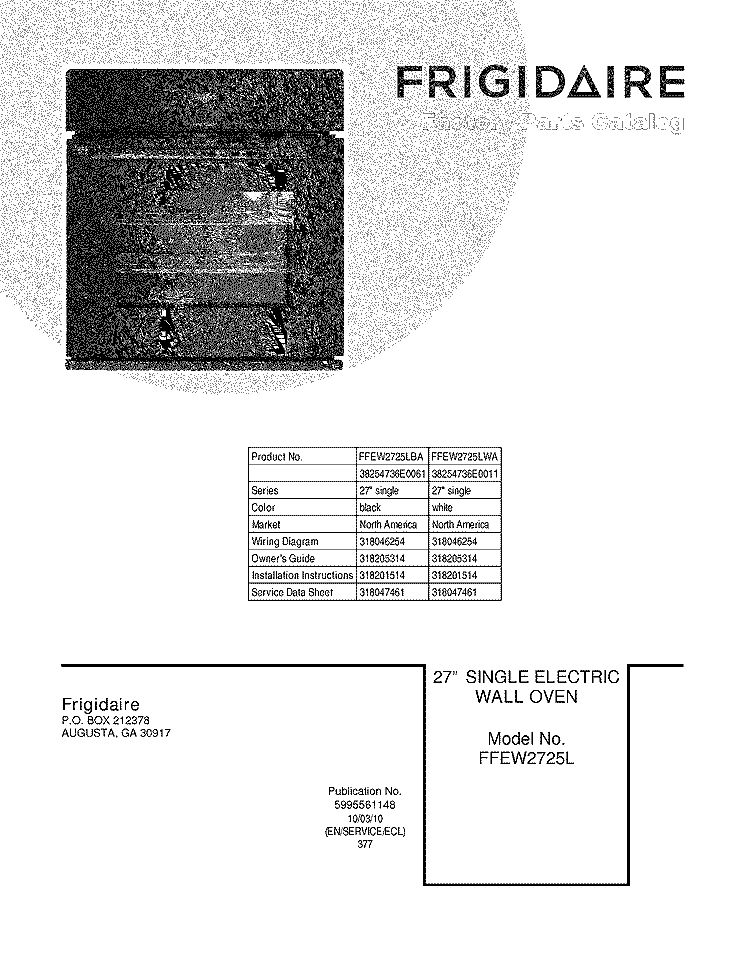 COVER Diagram and Parts List for FFEW2725LBA  Frigidaire Wall Oven