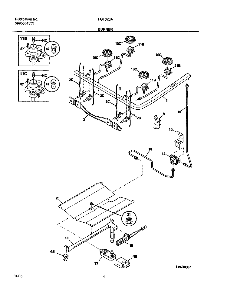 BURNER Diagram and Parts List for FGF326AUD  Frigidaire Range