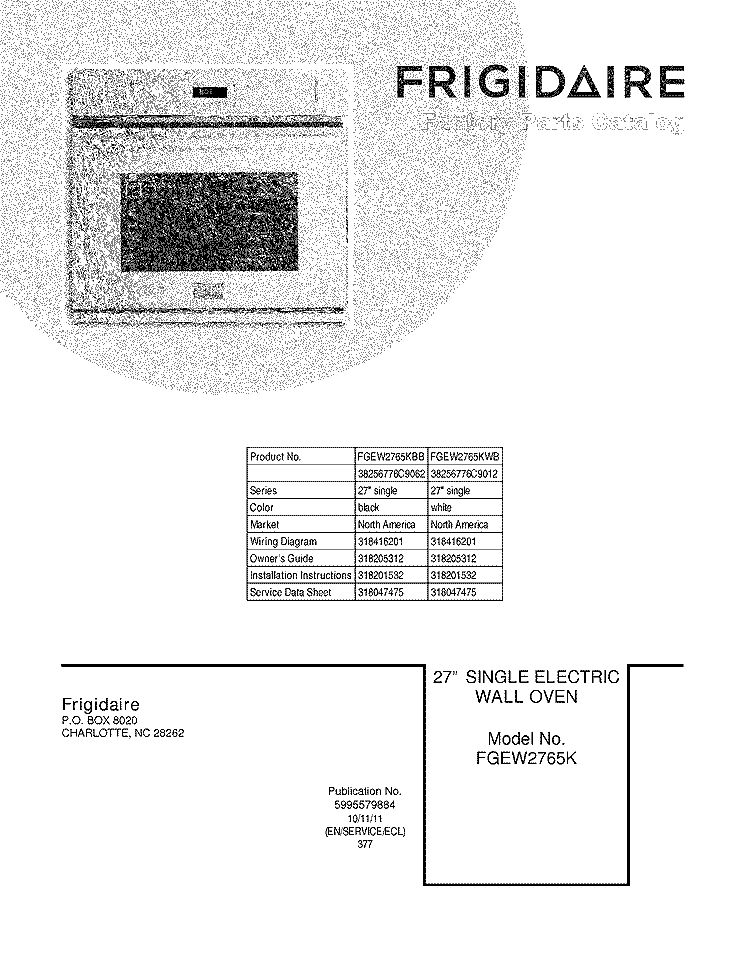 COVER Diagram and Parts List for FGEW2765KBB  Frigidaire Wall Oven
