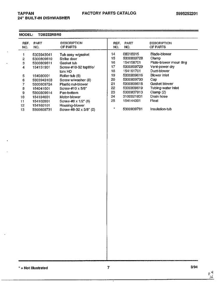 24" Built-in Dishwasher Page 7 Diagram and Parts List for 68-1075  Frigidaire Dishwasher