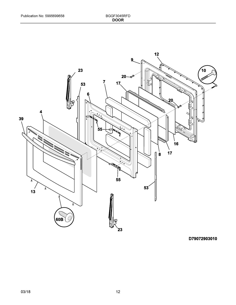 Door Diagram and Parts List for BGGF3045RFD  Frigidaire Range