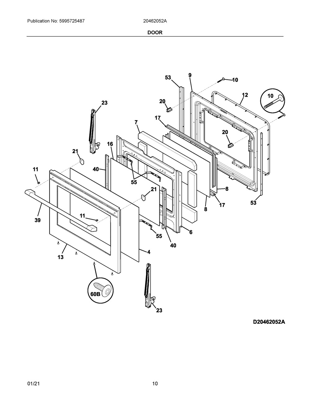 Door Diagram and Parts List for 20462052A  Frigidaire Range