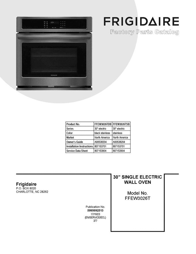 01 - Cover Sheet Diagram and Parts List for FFEW3026TSB  Frigidaire 