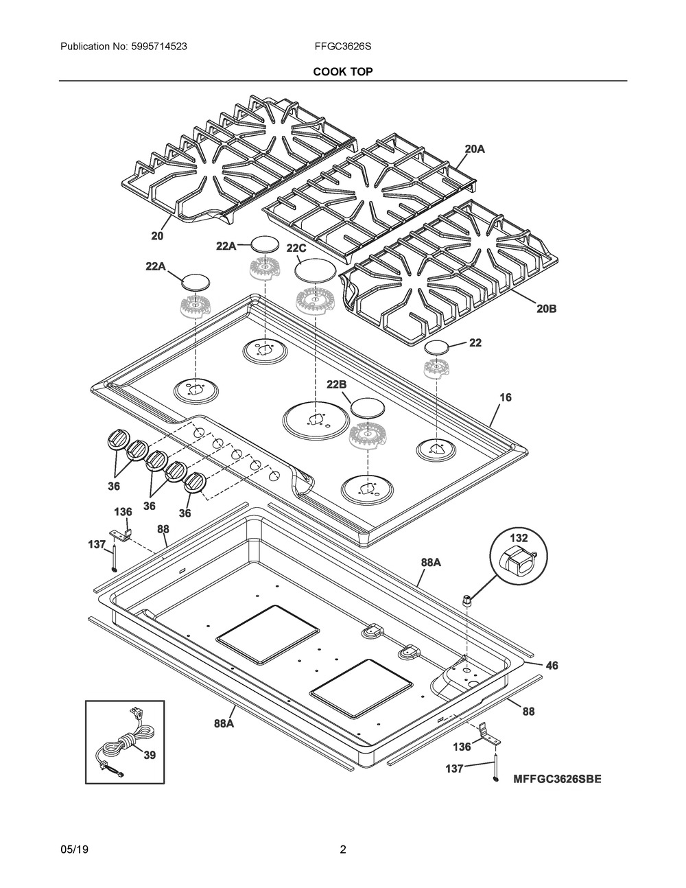Cook Top Diagram and Parts List for FFGC3626SBE  Frigidaire Cooktop
