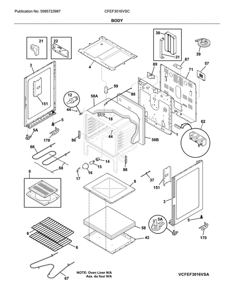 Body Diagram and Parts List for CFEF3016VSC  Frigidaire Range