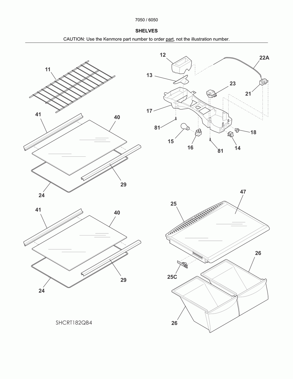 Shelves Diagram and Parts List for 25370509613  Kenmore Refrigerator