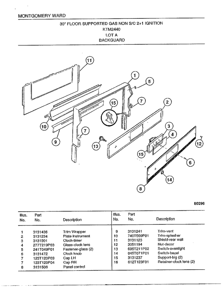 30"/backguard Diagram and Parts List for 2440A  Frigidaire Range