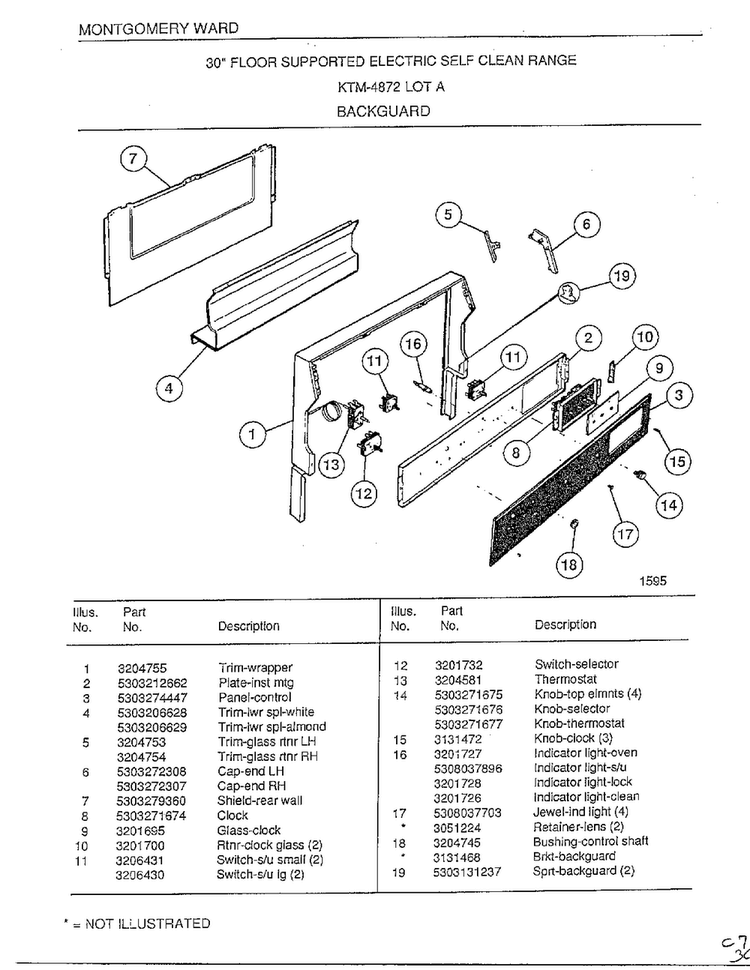 Backguard Diagram and Parts List for 4872A  Frigidaire Range