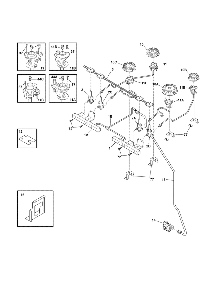 Burner Diagram and Parts List for PLCS389ECI  Frigidaire Range