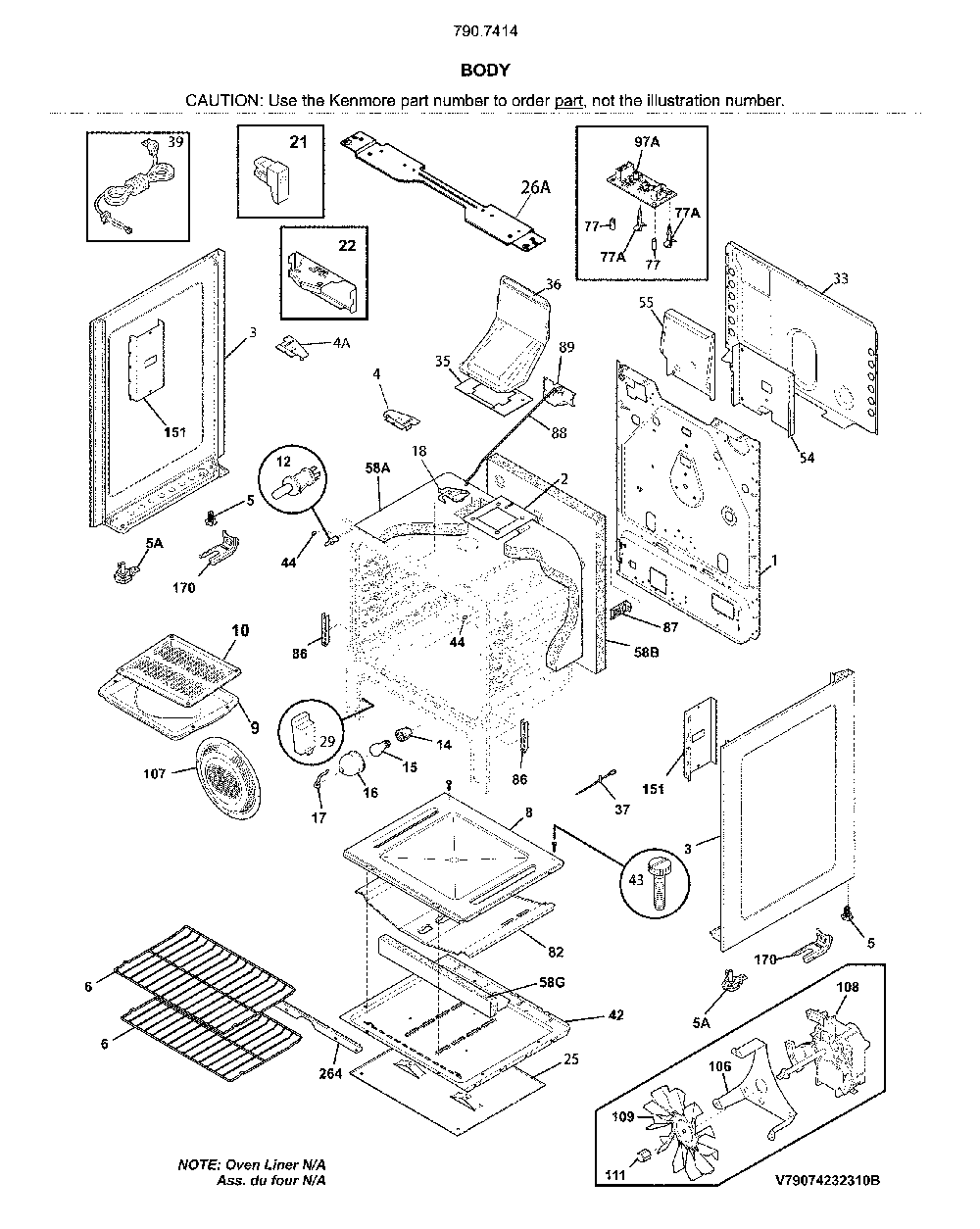 Body Diagram and Parts List for 79074149711  Kenmore Range
