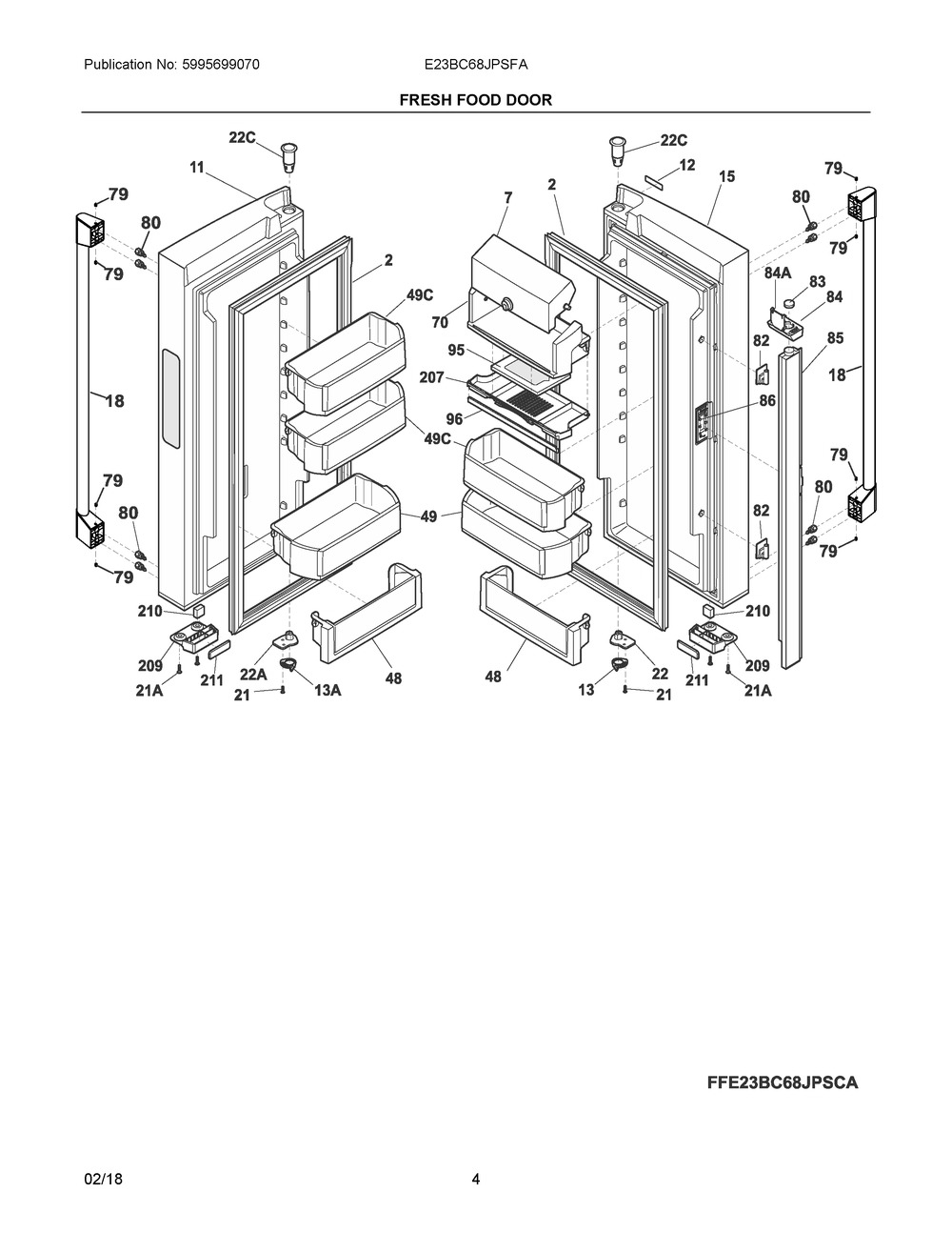 Fresh Food Door Diagram and Parts List for E23BC68JPSFA  Frigidaire Refrigerator
