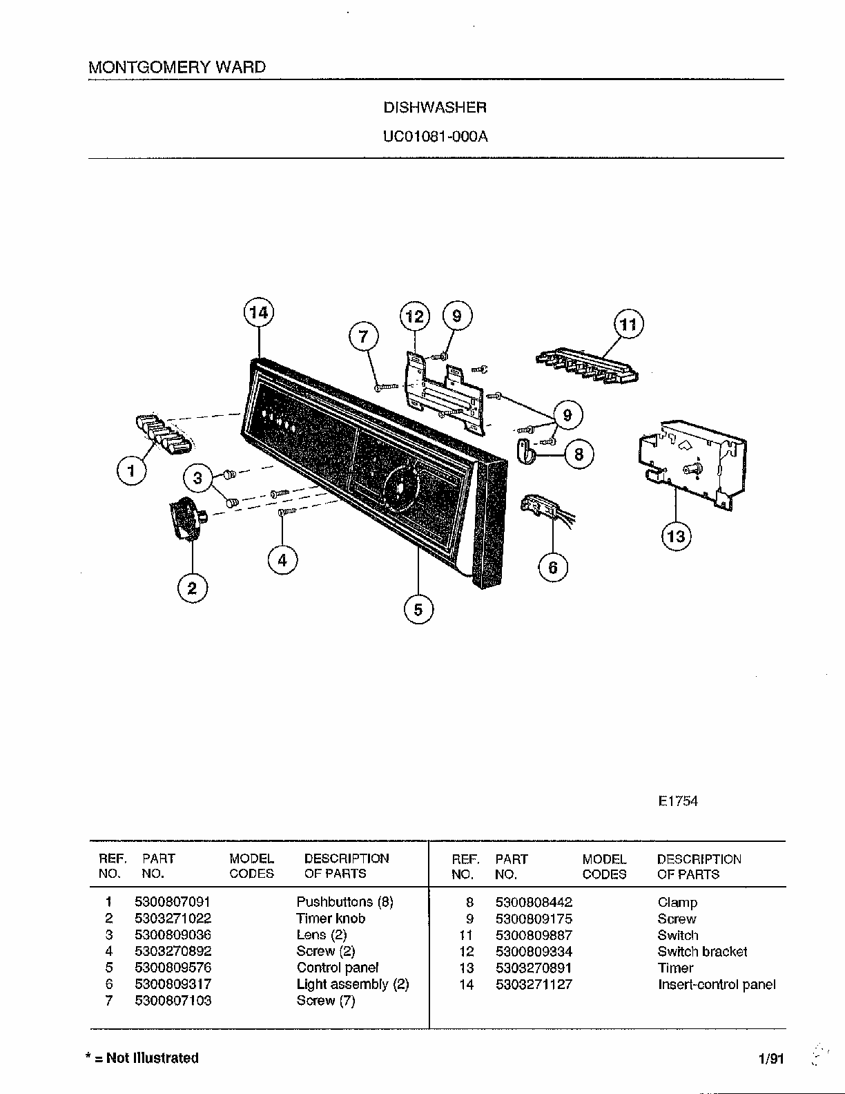 Dishwasher Diagram and Parts List for 1081-000A  Frigidaire Dishwasher
