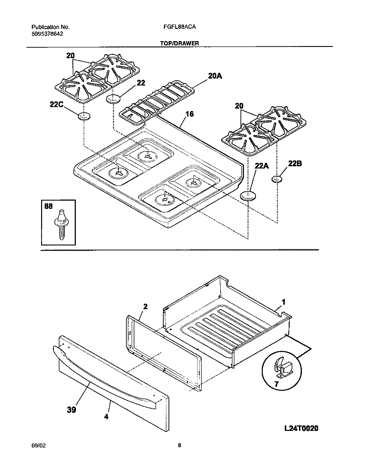 TOP / DRAWER Diagram and Parts List for FGFL88ACA  Frigidaire Range